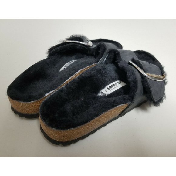 Birkenstock Madrid Big Buckle Black Oiled Leather Shearling Size 39 Narrow New - Picture 3 of 6